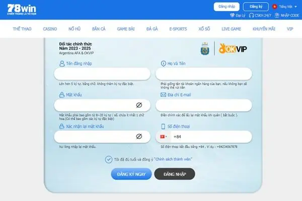 Để lấy thưởng từ 78win, bạn cần điền đầy đủ thông tin trong form đăng ký