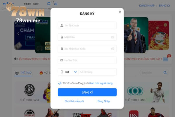 Bạn có thể tạo tài khoản 78win ngay trên website 78win.tel