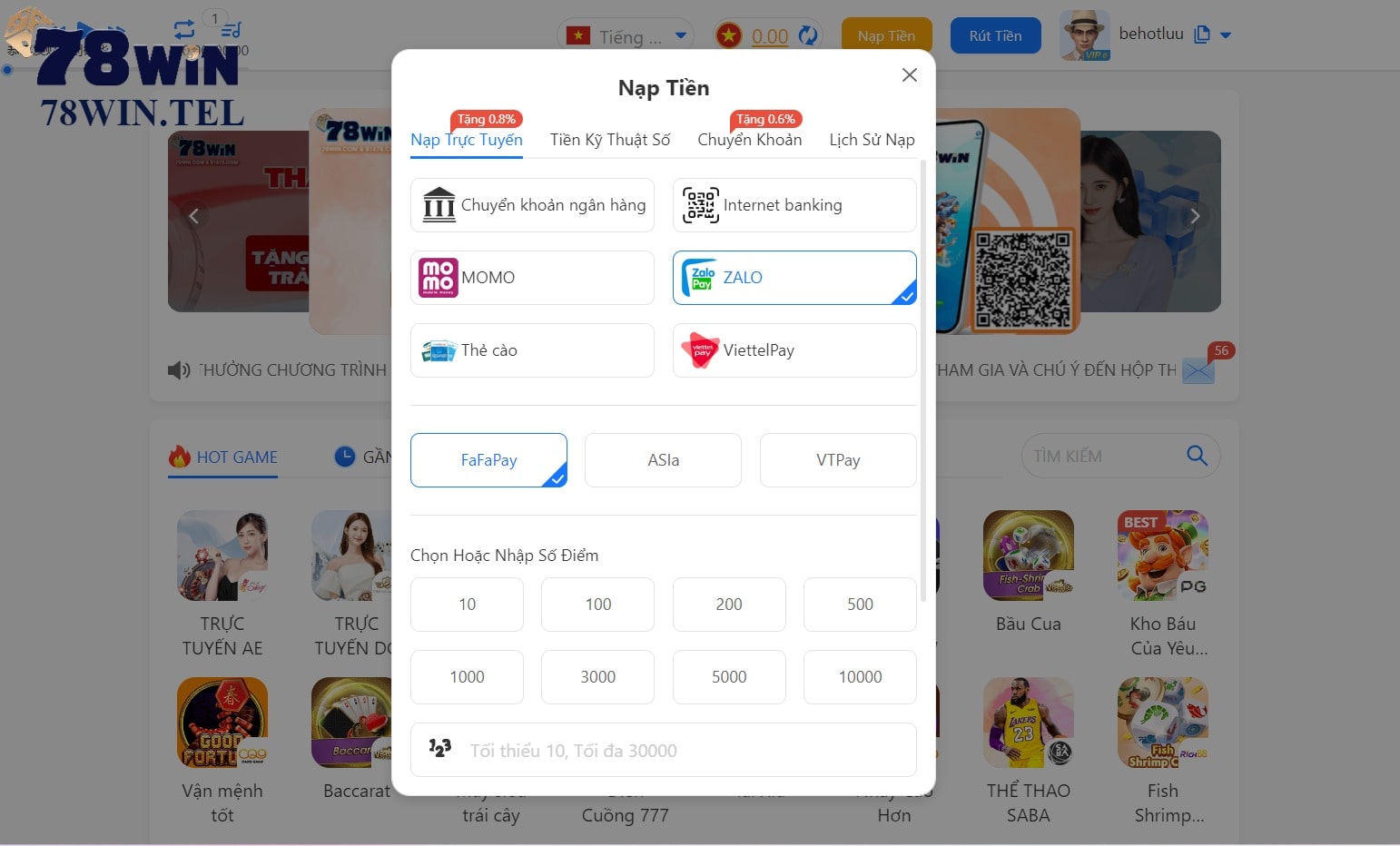 Bạn có thể nạp tiền 78win nhanh qua ví Zalo Pay