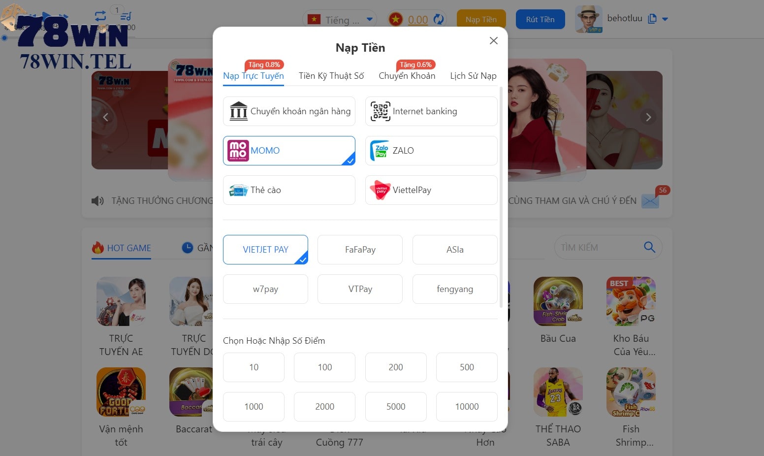 Cách nạp tiền qua ví momo của 78win